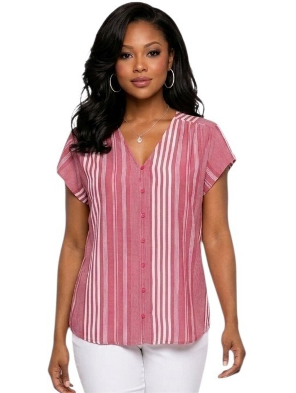 Liz Claiborne Red Striped V-Neck Button-Front Blouse Size XL